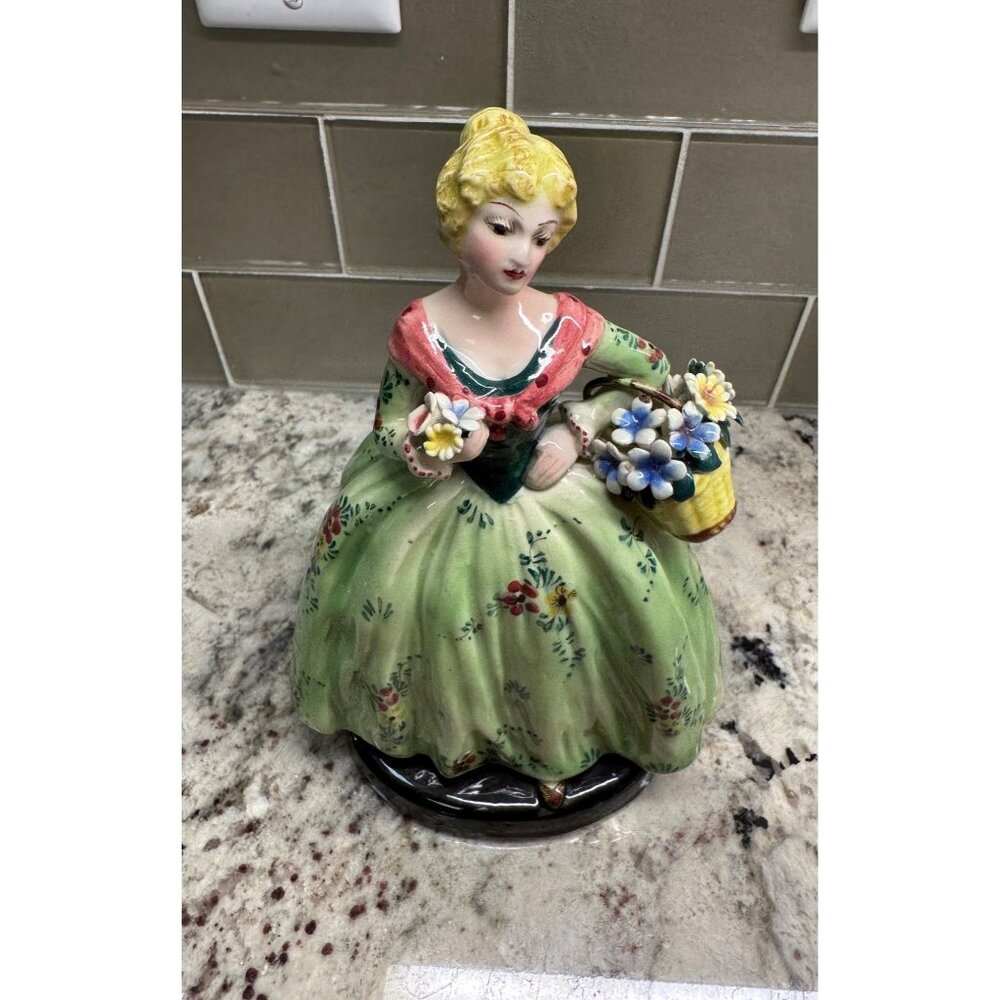 VTG ZSZ Italian Figurine Woman In Floral Dress w Baskets Of Flowers  LE 331/607